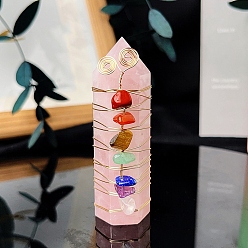 Rose Quartz Wire Wrapped Tower Natural Rose Quartz Healing Stone Wands, with Natural Gemstone Chip, for Reiki Chakra Meditation Therapy Decos, Hexagon Prism, 65~70mm