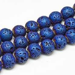 Blue Plated Electroplate Natural Lava Rock Beads Strands, Matte Style, Round, Blue Plated, 8x8.5mm, Hole: 1mm, about 48pcs/strand, 15.3 inch