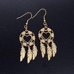 Golden 201 Stainless Steel Chandelier Earrings, Woven Net/Web with Feather, Golden, 68x20mm, Pin: 0.7mm
