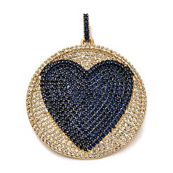 Темно-Синий Латунные микро проложить кубического циркония подвески, плоский круглый с сердечками, стойки покрытие, прочное покрытие, без кадмия и без свинца, реальный 18 k позолоченный, темно-синий, 36.5x34.5x3 мм, отверстие : 3x5.5 мм