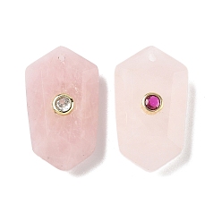 Розовый Кварц Ограненные подвески из натурального розового кварца, подвески в форме кристального кластера, с латунными микро проложить кубических выводы циркония, золотые, 24.5x14.5x7.5~8.5 мм, отверстие : 1.2 мм