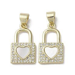Real 18K Gold Plated Brass Micro Pave Cubic Zirconia Pendants, with Shell, Lock with Heart Pattern, Real 18K Gold Plated, 18x10x2mm, Hole: 3.5x4mm