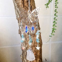 Flower Amazonite Metal Hollow Butterfly Hanging Ornaments, Natural Flower Amazonite Chip and Glass Teardrop Tassel Suncatchers for Home Outdoor Decoration, 210~230mm