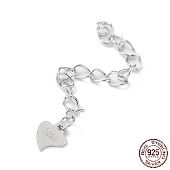 Real Platinum Plated Rhodium Plated 925 Sterling Silver Chain Extenders, Curb Chain with Heart Tag, with S925 Stamp, Real Platinum Plated, 50mm