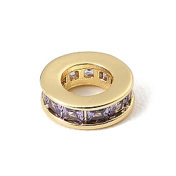 Purple Brass Pave Cubic Zirconia European Beads, Flat Round, Large Hole Beads, Rack Plating, Long-Lasting Plated, Lead Free & Cadmium Free, Real 18K Gold Plated, Purple, 9x3.3mm, Hole: 4.6mm