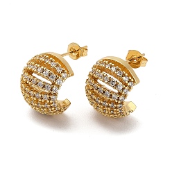 Real 18K Gold Plated Brass Micro Pave Cubic Zirconia Half Round Stud Earrings, Half Hoop Earrings, Real 18K Gold Plated, 16x17.5mm