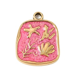 Hot Pink 303 Stainless Steel Enamel Pendants, Rectangle with Starfish & Shell Shape Charms, Ion Plating(IP), Golden, Hot Pink, 26x20.5x3mm, Hole: 3mm