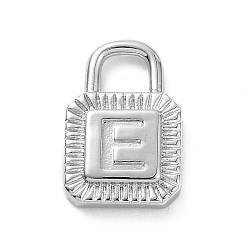 Letter E Eco-friendly Rack Plating Brass Pendants, Cadmium Free & Lead Free, Long-Lasting Plated, Lock with Alphabet, Platinum, Letter.E, 15x10x3mm, Hole: 3.5x4mm