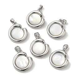 Real Platinum Plated Brass Pave Shell Pendants, Flat Round Charms, Real Platinum Plated, 19x16x6mm, Hole: 4x3mm