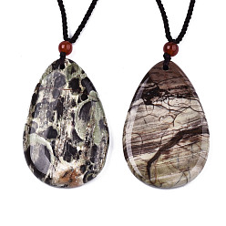 Flower Agate Natural Flower Agate Pendant Necklaces, Slider Necklaces, with Random Color Polyester Cords, Teardrop, 26~29.9 inch(66~76cm)