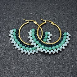 Turquoise 304 Stainless Steel Hoop Earrings, Beaded Hoop Earrings, with Glass Beads, Fan, Golden, Turquoise, 40.5~42x48~48.5x4mm