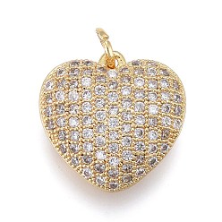 Real 18K Gold Plated Brass Micro Pave Clear Cubic Zirconia Pendants, Long-Lasting Plated, with Jump Rings, Heart, Real 18K Gold Plated, 15x15x7mm, Jump Rings: 5x1mm, Inner Diameter: 3mm