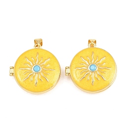 Желтый Подвески латуни медальон, с эмалью и фианитом, без кадмия и без свинца, реальный 18 k позолоченный, стойки покрытие, долговечный, плоский круглый с солнечными чарами, желтые, 27x26.5x10 мм, отверстие : 3x5 мм, внутренний диаметр: 20 мм
