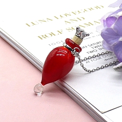 FireBrick Lampwork Teardrop Perfume Bottle Necklaces, Pendant Necklace with Stainless Steel Chains, FireBrick, 23.62 inch(60cm)