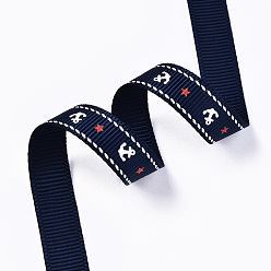 Marine Blue Single Face Anchor & Star Printed Polyester Grosgrain Ribbon, Marine Blue, 3/8 inch(10mm), about 100yards/roll(91.44m/roll)
