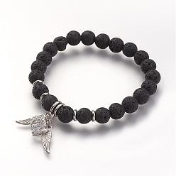 Black Natural Lava Rock Beads Stretch Bracelets, with Alloy Pendants, Black, 2 inch(53mm)