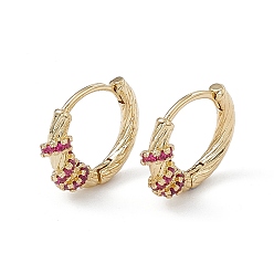 Crimson Rack Plating Brass Micro Pave Cubic Zirconia Hoop Earrings, Real 18K Gold Plated, Lead Free & Cadmium Free, Ring, Crimson, 15x17x2.6~4.6mm, Pin: 1mm