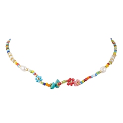 Synthetic Turquoise Flower Glass Seed & Pearl Beaded Necklaces, with Synthetic Turquoise Chip, 14.57 inch(37cm)