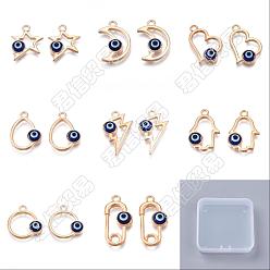 Dark Blue 32Pcs 8 Style Alloy Enamel Pendants, Light Gold, Dark Blue, 18~23x11.5~17x4~4.5mm, Hole: 1.6~1.8mm, 4pcs/style