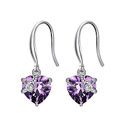 Dark Orchid Cubic Zirconia Heart Dangle Earrings, Real Platinum Plated Rhodium Plated 925 Sterling Silver Earrings for Women, Dark Orchid, 26mm