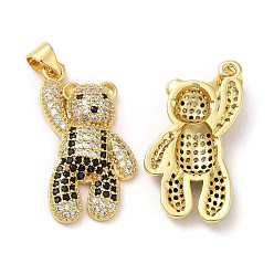 Black Brass Pendants, with Cubic Zirconia, Lead Free & Cadmium Free, Bear Charms, Real 18K Gold Plated, Black, 27.5x16x4.5mm, Hole: 5.3x3.2mm