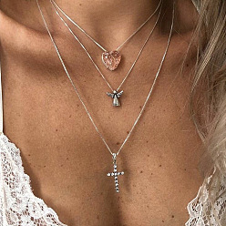 ancient silver Stylish Multi-layered Necklace with Zircon Heart Angel Cross Pendant A0207
