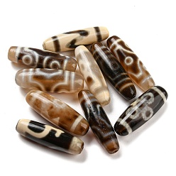 Coconut Brown Tibetan Style dZi Beads, Natural Agate Beads, Dyed & Heated, Oval, Mixed Patterns, Coconut Brown, 38~40x11~13mm, Hole: 2.5mm