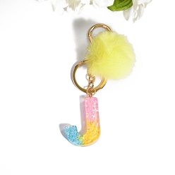 Letter J Resin Keychains, Pom Pom Ball Keychain, with KC Gold Tone Plated Iron Findings, Letter.J, 11.2x1.2~5.7cm