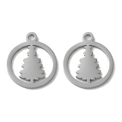Stainless Steel Color 304 Stainless Steel Charms, Laser Cut, Round Ring with Christmas Tree Charms, Stainless Steel Color, 14.5x12x1mm, Hole: 1.6mm