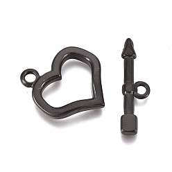 Electrophoresis Black 304 Stainless Steel Toggle Clasps, Heart, Electrophoresis Black, Heart: 20x18x2.6mm, Hole: 2.4mm, Bar: 7.5x23.4x2.6mm, Hole: 2mm