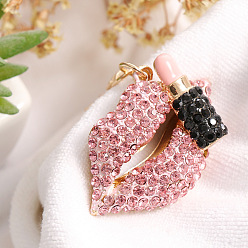 Light Rose Rhinestone Lip with Lipstick Keychains, with Enamel, KC Gold Plated Alloy Charm Keychain, Light Rose, 5.5x3.5cm