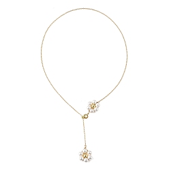 Real 18K Gold Plated Adjustable Brass Shell Pearl Beaded Flower Pendant Lariat Necklaces, White, Real 18K Gold Plated, 17.72 inch(45cm)