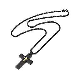 Golden 304 Stainless Steel Cross Pendant Nceklace with Box Chains for Men Women, Golden, 23.54 inch(59.8cm)