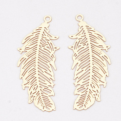 Light Gold Brass Pendants, Etched Metal Embellishments, Lead Free & Nickel Free, Long-Lasting Plated, Feather, Light Gold, 33.5x13x0.3mm, Hole: 1.4mm