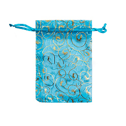 Dark Turquoise Rectangle Printed Organza Drawstring Bags, Gold Stamping Eyelash Pattern, Dark Turquoise, 9x7cm