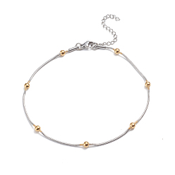 Golden & Stainless Steel Color 304 Stainless Steel Round Snake Chain Anklets, with Round Beads and Lobster Claw Clasps, Golden & Stainless Steel Color, 9-1/2 inch(24cm)