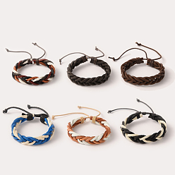Mixed Color Adjustable Trendy Unisex Casual Style Braided Leather Cord Bracelets, Mixed Color, 56mm