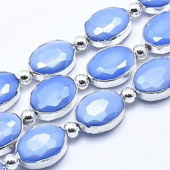 Cornflower Blue Electroplate Glass Beads Strands, with Brass Findings, Full Plated, Faceted, Oval & Round, Silver Plated, Cornflower Blue, 16x12x7~7.5mm, Hole: 1mm, about 9pcs/strand, 7.4 inch(19cm)