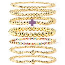 Фиолетовый 7 шт. латунные круглые браслеты с бусинами для женщин, с пластиковыми крестообразными бусинами, золотые, фиолетовые, 6.50 дюйм (16.5 см) ~ 6.89 дюйм (17.5 см)