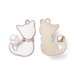 White Alloy Enamel Pendants, with ABS Plastic Imitation Pearls and Crystal Rhinestone, Light Gold, Cat Charm, Lead Free & Cadmium Free, White, 29x19.5x8.5mm, Hole: 1.8mm