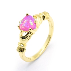 Golden Synthetic Opal Finger Rings, with Cubic Zirconia and Brass Findings, Long-Lasting Plated, Irish Heart, Size 7, Pearl Pink, Golden, 17mm
