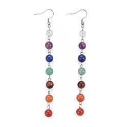 Mixed Stone Chakra Jewelry, Natural Mixed Gemstone Dangle Earrings, with Stainless Steel Findings, 117mm, Pendant: 96x8.5mm, Pin: 0.7mm