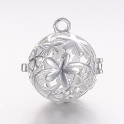 Silver Brass Cage Pendants, For Chime Ball Pendant Necklaces Making, Hollow Round with Flower, Silver Color Plated, 18x17.5x15.5mm, Hole: 1.5mm, Inner Diameter: 11.5mm