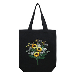 Gold DIY Bouquet Pattern Black Canvas Tote Bag Embroidery Kit, including Embroidery Needles & Thread, Cotton Fabric, Plastic Embroidery Hoop, Gold, 390x340mm