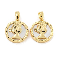 Real 18K Gold Plated Brass Pave Shell Pendants, Flat Round with Women Charm, Real 18K Gold Plated, 16x15x3.5mm, Hole: 4.8x2.7mm