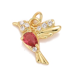 Красный Кубического циркония подвески, с реечным покрытием из настоящей позолоченной латуни 18k, с прыжковых колец, долговечный, без свинца, без кадмии и без никеля, птица, красные, 16x15x3.5 мм, Перейти кольцо: 5x0.8 мм, 3.4 мм внутренним диаметром