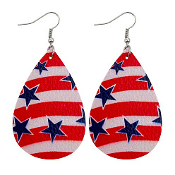 Red Independence Day Teardrop Imitation Leather Dangle Earrings for Women, Star Pattern, Red, 77mm, Teardrop: 58x39mm