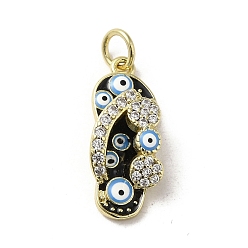 Black Brass Micro Pave Cubic Zirconia Pendants, with Enamel, with Jump Ring, Real 18K Gold Plated, Slipper
 with Evil Eye, Black, 20x8.5x5.7mm, Hole: 3.2mm