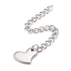 Stainless Steel Color 304 Stainless Steel Chain Extender, Curb Chain, with 202 Stainless Steel Charms, Heart, Stainless Steel Color, 63mm, Link: 3.7x3x0.5mm, Heart: 8.5x11x1mm