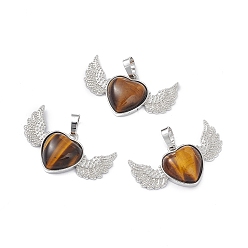 Tiger Eye Natural Tiger Eye Pendants, Heart Charms with Wing, with Platinum Tone Brass Findings, 22x37.5x7mm, Hole: 7.5x5mm